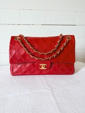 Chanel 24K Classic Double Flap Red Leather Bag